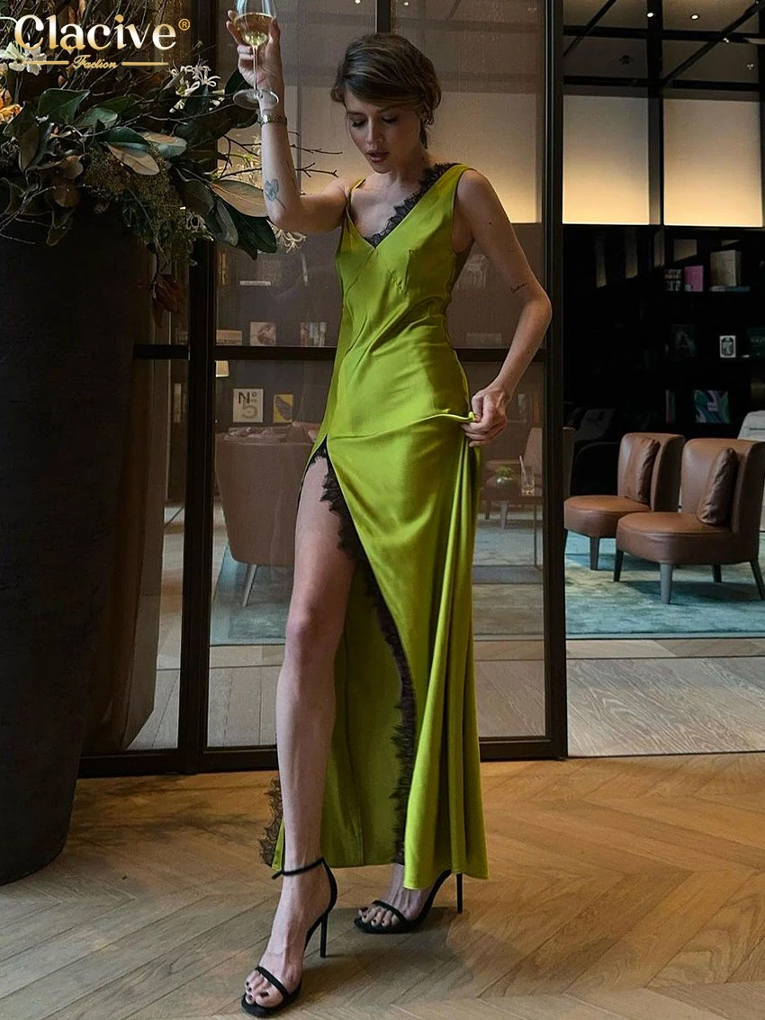 Clacive Fashion Loose Green Satin Women Dress Sexy V-Neck Sleeveless Ankle Length Dresses Elegant Lace Spliced Slit Female Dress