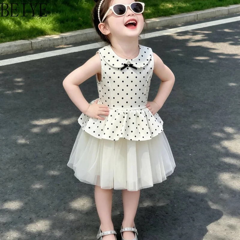 Sleeveless Doll Collar Mesh Tutu Dress New Sweet Girls Polka Dot Mesh Dress Summer Princess Birthday Party Outfit Daily Dress