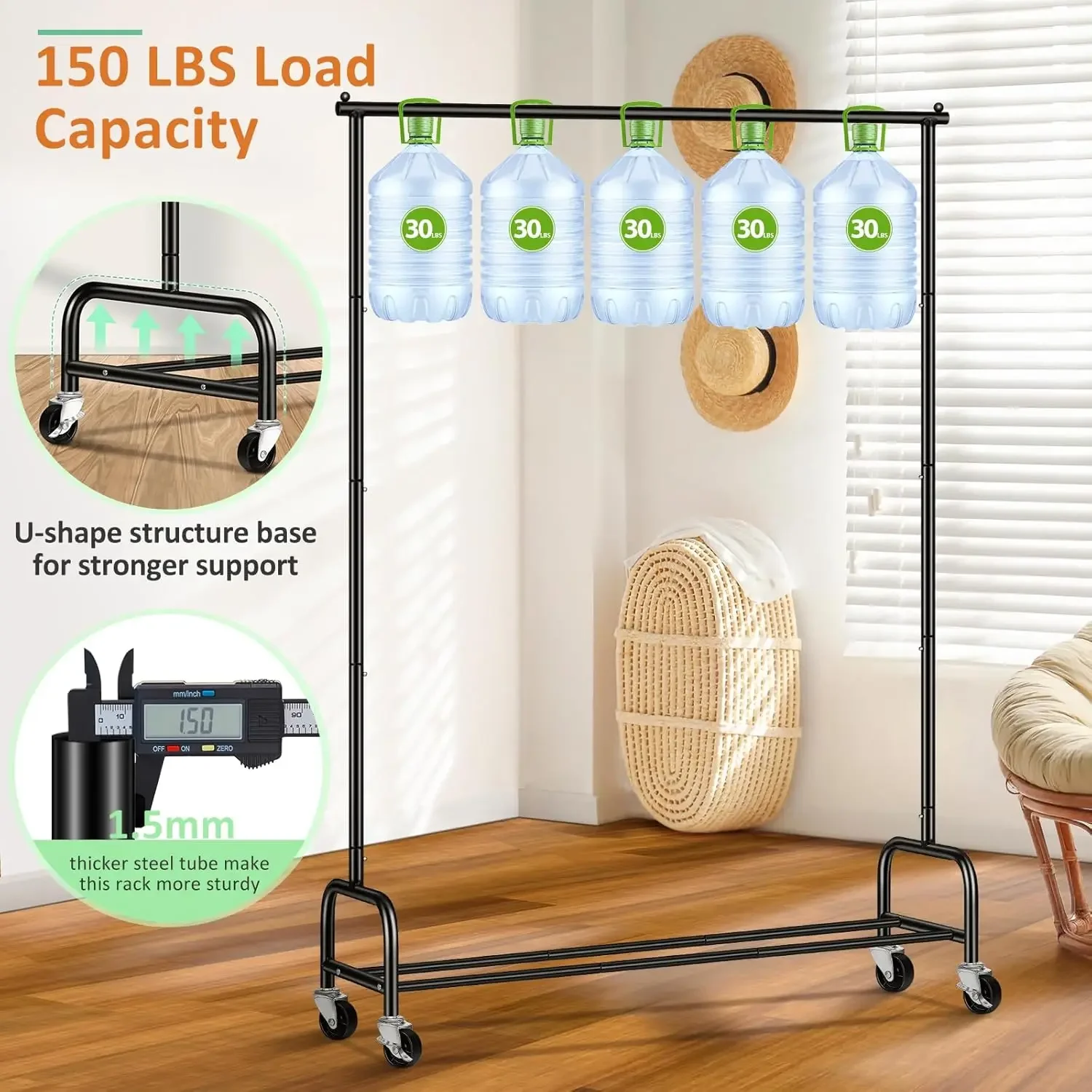 Heavy Duty Clothing Racks for Hanging Clothes Rack, 43" Wide Rolling Garment Rack Metal Clothing Hanger Rack with Wheels