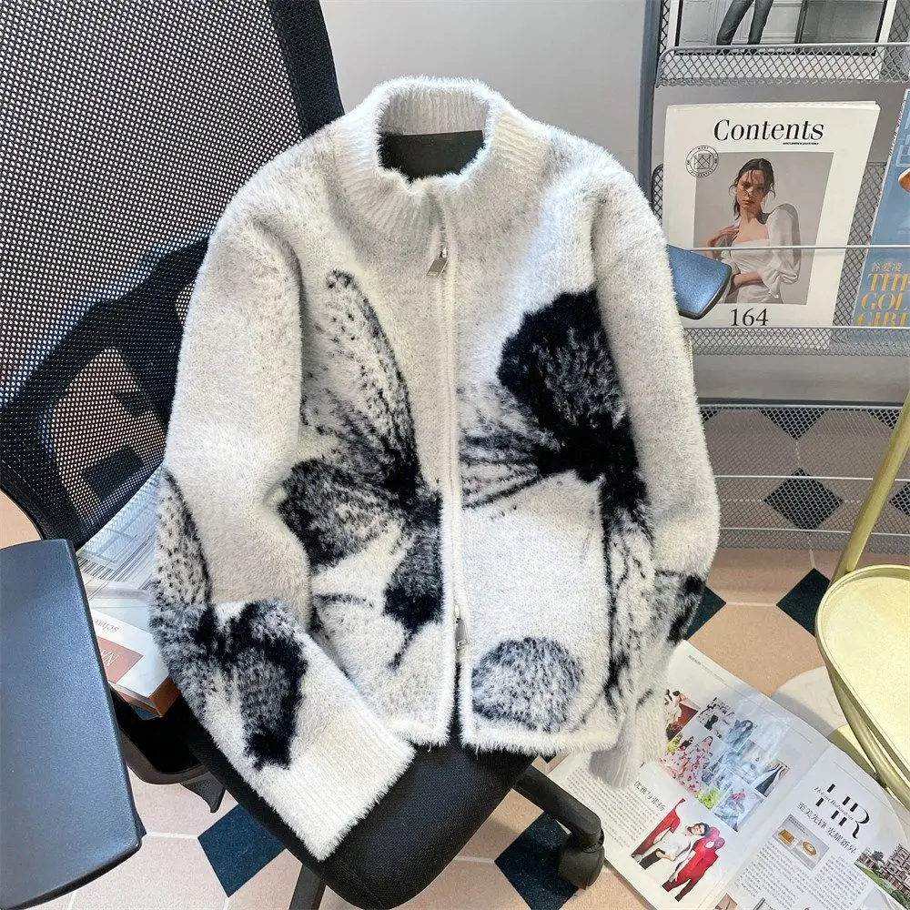 Knit Cardigan Vintage Faux Mink Jacquard Butterfly Sweater Women Coat Design Autumn Winter Double-Zip Knit Cardigan Jacket Tops