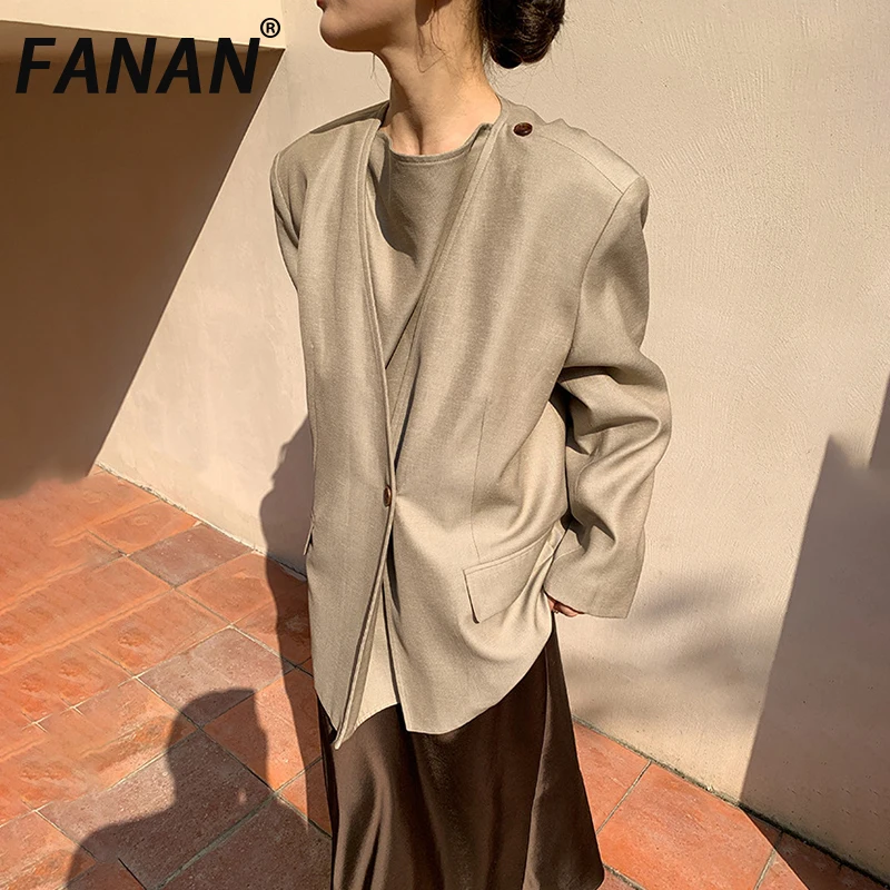 

FANAN Irregular Collar Design Blazers For Women Single Button Long Sleeve French Style Jackets Female Coats 2025 Autumn New