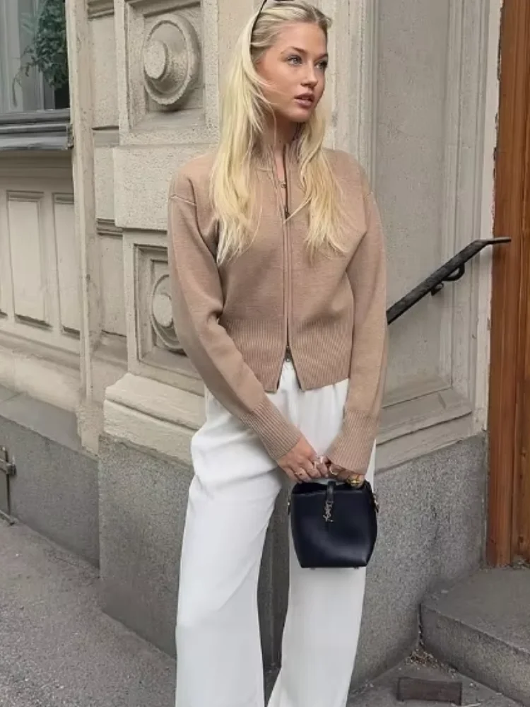 

Повседневный однотонный базовый вязаный кардиган на молнии, женский модный облегающий свитер с длинным рукавом и воротником-стойкой, пальто, женский осенний новый вязаный топ