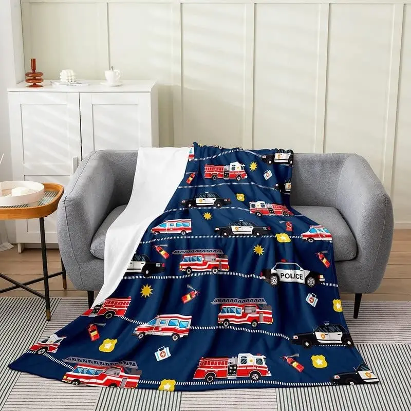 Fire Truck Car All Season,Bed Blanket Firefighter Plush Throw Blanket, Police Car Flannel Fleece