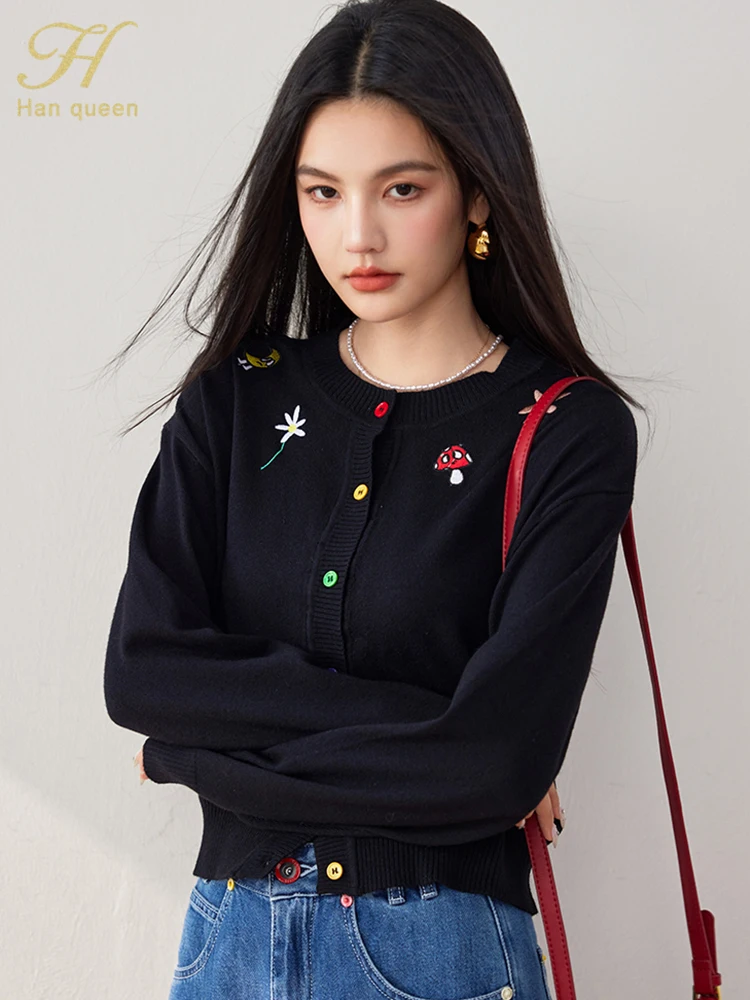 H Han Queen Autumn Winner Fashion Basic Vintage Embroidery Sweater Odzież damska Vintage Casual Tops Basic Knitted Cardigan