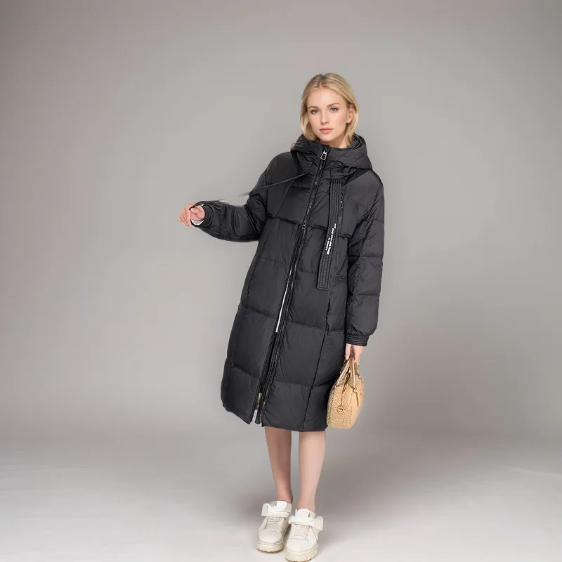 

2025 Winter Lady's Coat Geometric Print Ribbon Spliced Hooded Female's Quilted Jacket Long Over The Knee Cotton Coat For Women