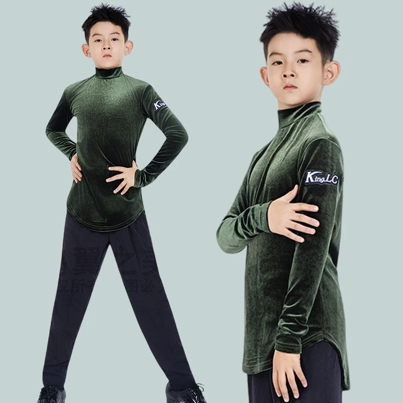 Jungen Latin Dance Kostüm Langarm Samt Tanz Top Cha Cha Rumba Tango Tanzen Outfit Schwarze Hosen Latin Praxis Tragen AMY2866