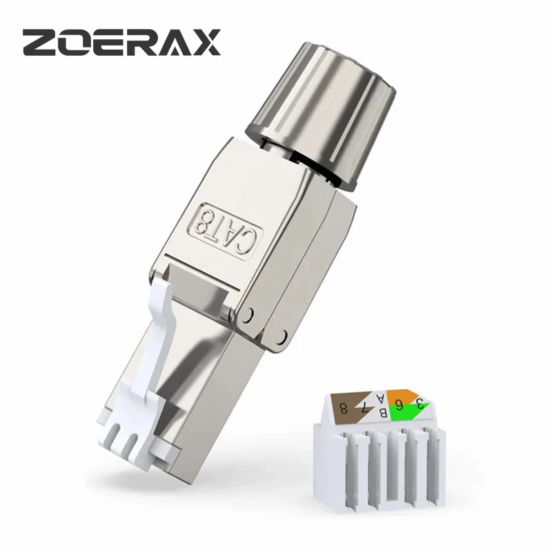 

ZoeRax Cat6A Cat7 Cat8 Toolless Field Termination Plug, Shielded (STP), PoE++ (4PPoE), Modular RJ45 Male Connector