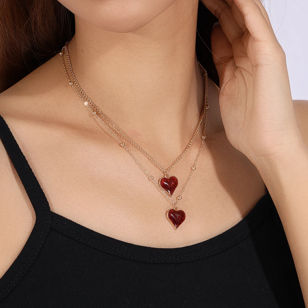 Aihua Gold Color Red Heart Necklace Romantic Sweet Simple Clavicle Chain Necklaces for Women Collar Valentine‘s Day Jewelry Gift