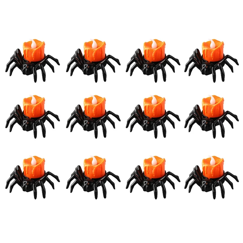 12 PCS Halloween Tea Lights Candles, Halloween Spider Tealights Spooky Electric Flickering Candles For Halloween Party Black