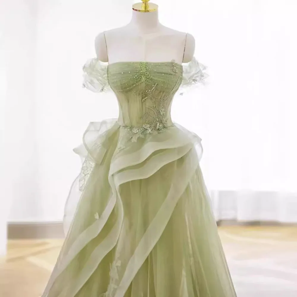 Elegant Light Green Evening Dress Light Luxury Women Off The Shoulder Layered Pleated Prom Gown Appliques Floor Length Vestido