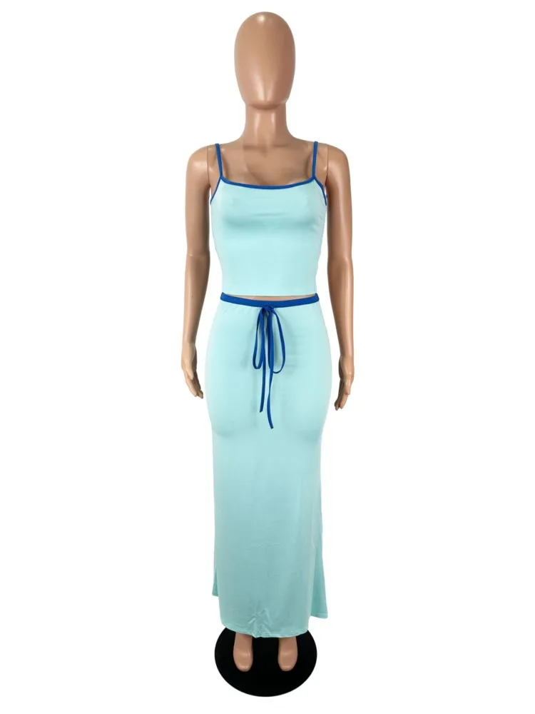 Sexy Casual Women Two Piece Set Fashion Elegant Comfort Vacation Sleeveless Backless Camisole And Drawstring Long Skirts 2 Sets