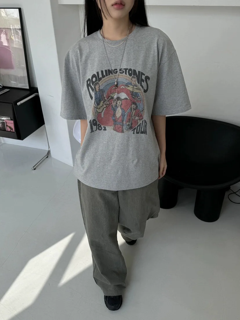 레트로 로 슬레 프린트 루즈 캐주얼 라운드 네 오트 스베 티셔츠 여성 패션 여름 탑 동대문에서