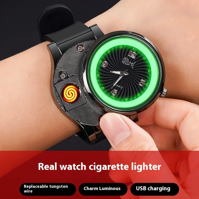 

Electric Outdoor Watch USB Cigarette Lighter 2-In-1 Watch Tungsten Wire Lighter Men's Sports Watch Windproof Gift Lighters