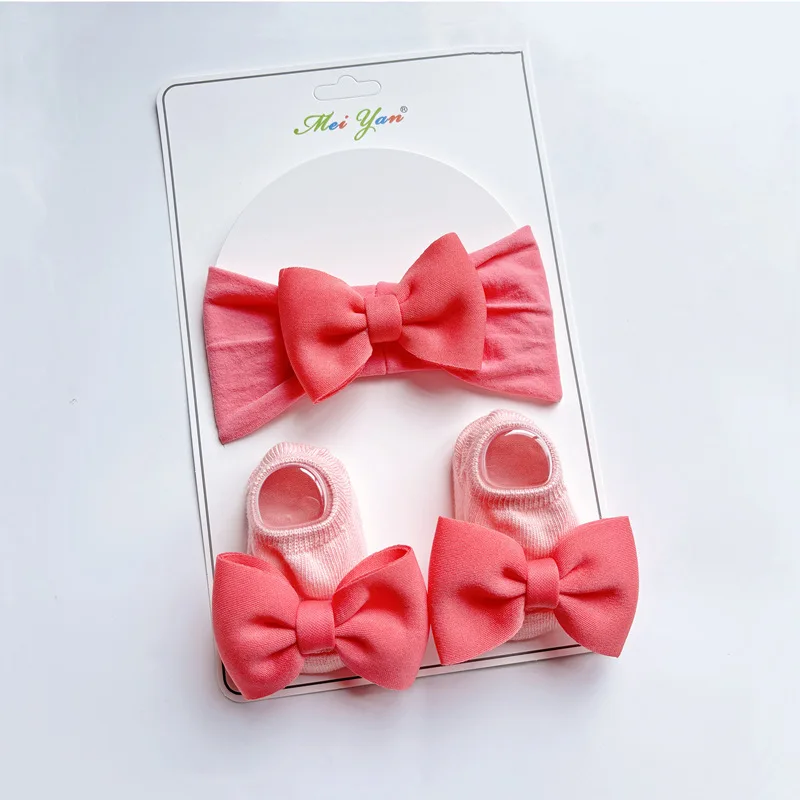 

2PC Baby Bow Headband Boat Socks Set Soft Nylon Wide Hairband Sweet Princess Girl Bowknot Headwear Soft Cotton Kids Floor Socks