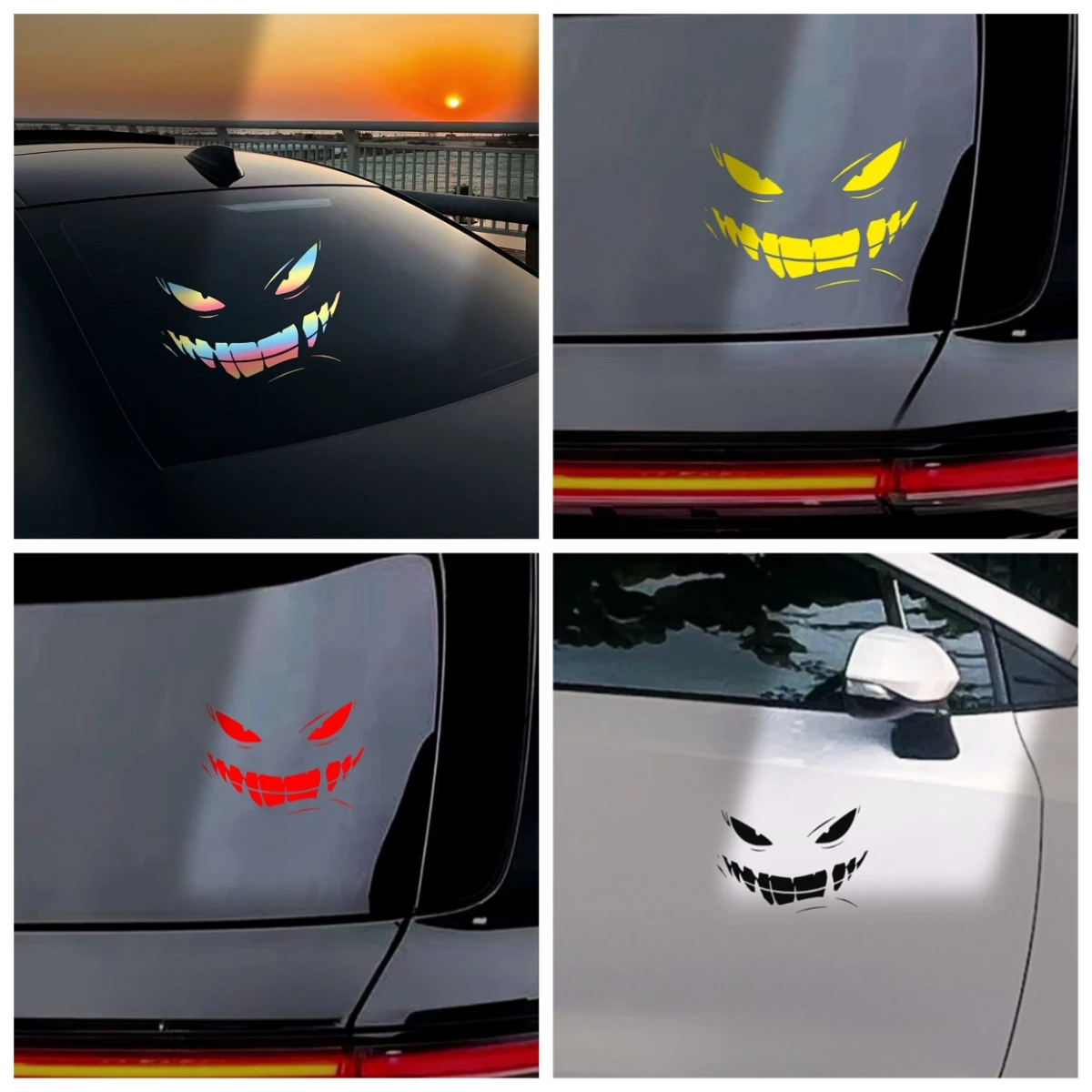

Demonic Evil Smile Reflective Hollow Car Sticker - Creative Emoji for Motorcycles, Waterproof Eye Decor Decal