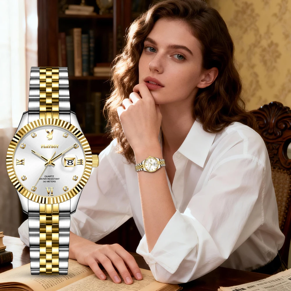 PLAYBOY Quartz Watches for Women Original Solid Steel Strap High-end Luxury Brand Wristwatch With Date Waterproof Luminous Watch