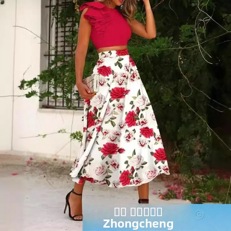 

Красная макси-юбка с цветочным принтом и топ, комплект с отделкой Briti Sle, женский модный ансамбль для мамы и дочки