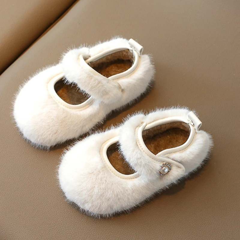 Children Flat Shoes Autumn Winter Plush Warm Princess Girls Shoes Outdoors Non-slip Kids Cotton Shoes Fashion Shallow Mary Janes