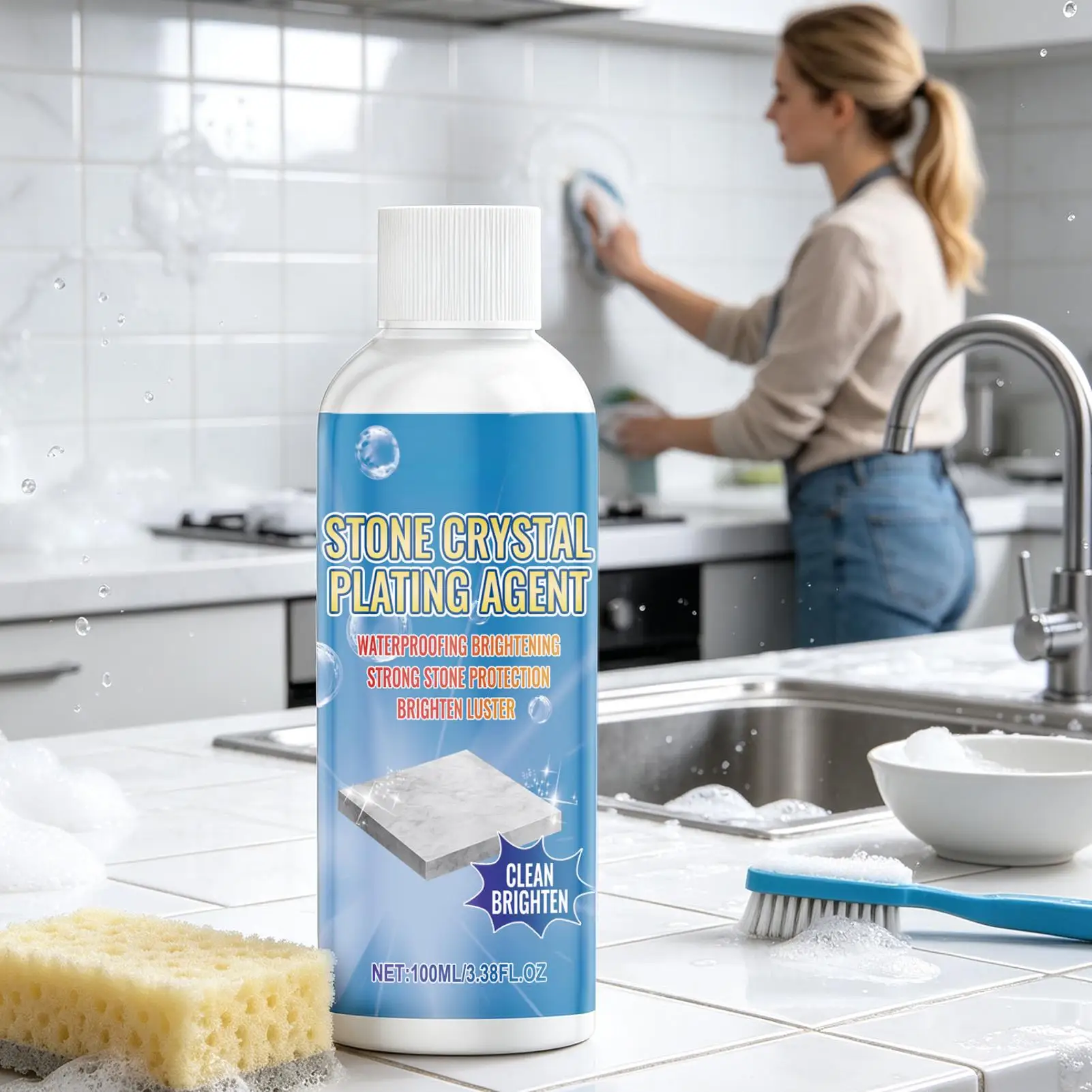 100ml Marble & Stone Cleaner Multi-Surface Polishing Stain Remover for Granite Quartz Tile, Non-Acidic Restorer for Countertops