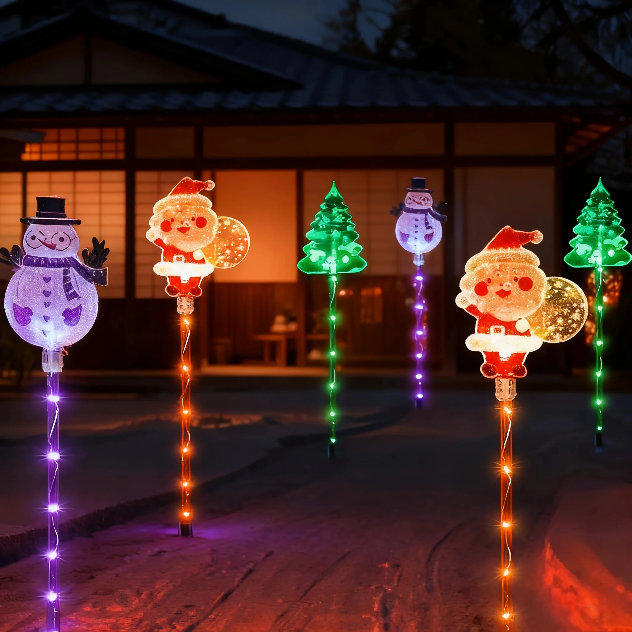 6 peças estacas de Natal solares à prova de intempéries-formas de Papai Noel/boneco de neve/árvore, 8 modos de iluminação, decoração de caminho de jardim