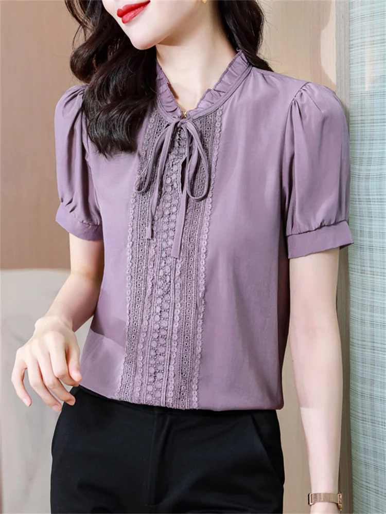 Ruffled Lacing Shirt for Lady, Monochrome Chic Blouse, Elegant and Fashionable, Half Sleeve, Office Wear, Summer and Autumn 2022