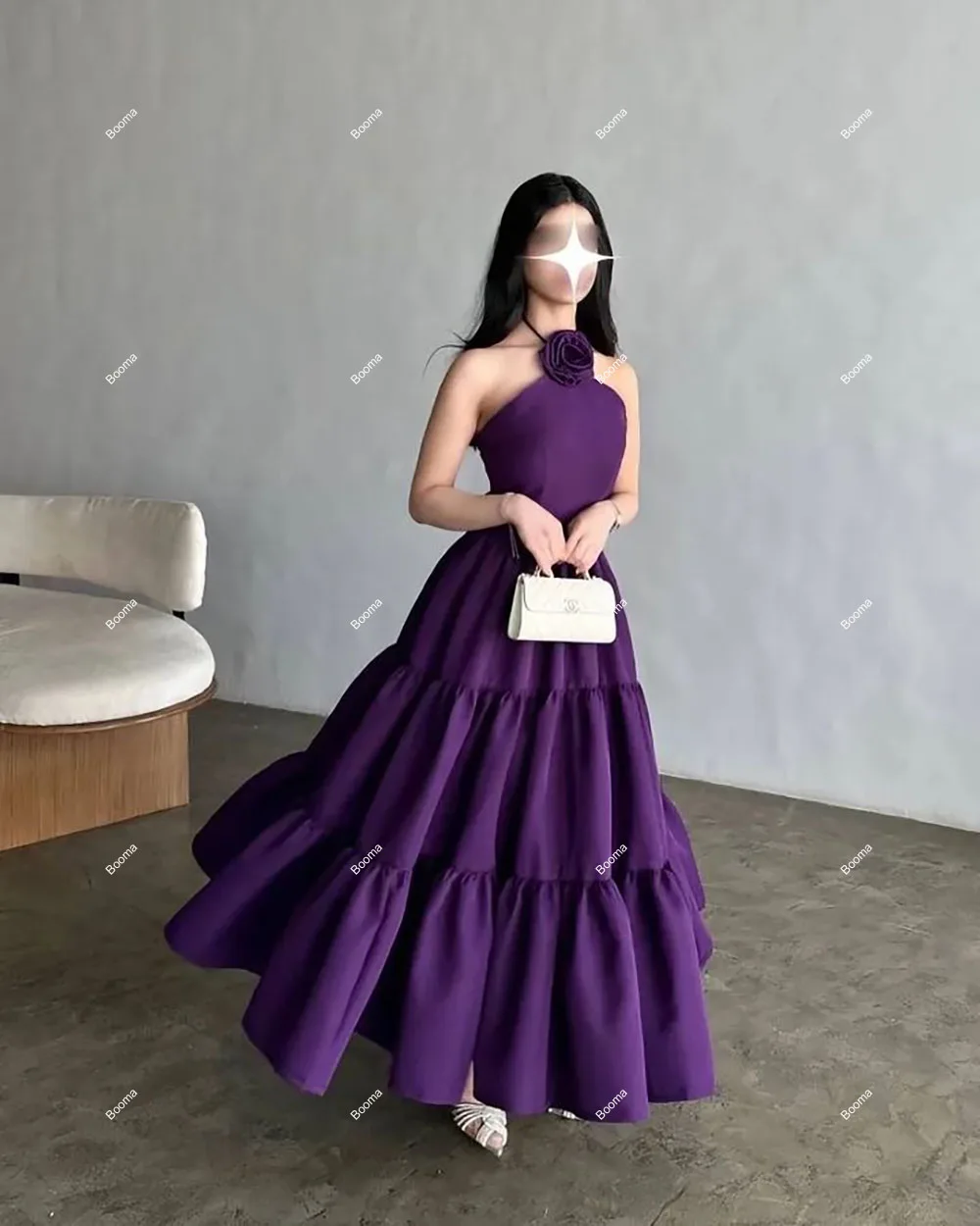 Booma Purple A-Line Prom Dresses Ruched 3D Flowers Halter Special Occasion Dress for Events Long Evening Gowns for Women