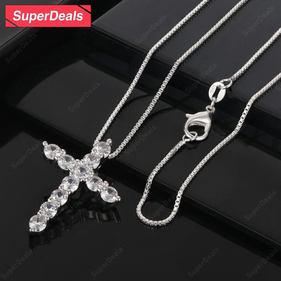 

SuperDeals 925 Sterling Silver AAA Zircon Cross Pendant Necklace Classic Fashion Jewelry Christmas Party Gift 16-30 Inch =