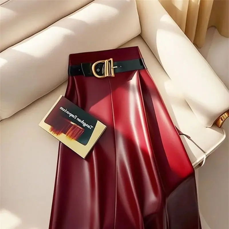 Autumn New Fashion Pu Leather A-Line Skirt Women's High Waist Party Faldas Office Lady Solid Color Midi Skirts With Belt 277P