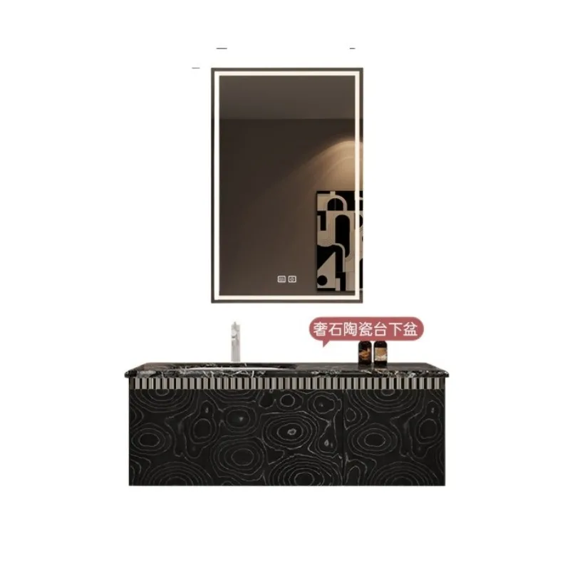 Luxury stone ceramic basin Italian light luxury solid wood multi-layer paint-free bathroom cabinet customization