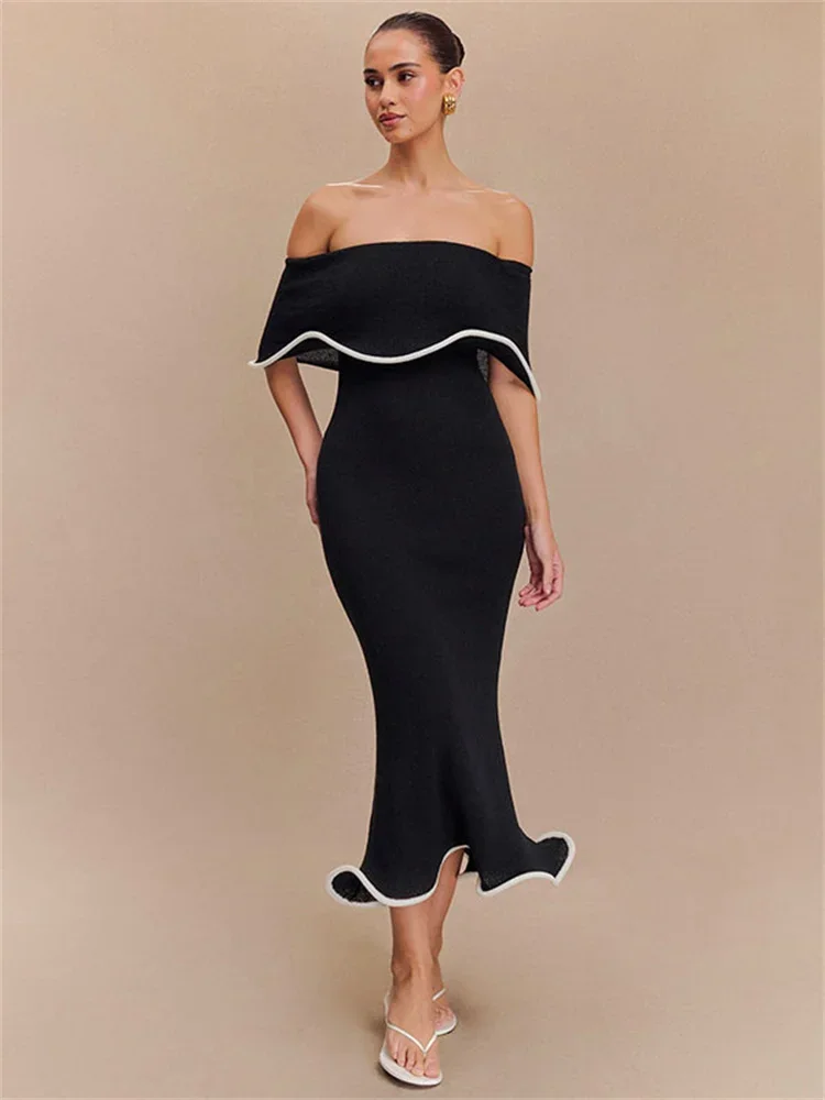 

Fashion Ruffled Backless Maix Dress Female 2025 Slim Bandeau Elegant Patchwork High Waist Party Dress Ladies Long Dress