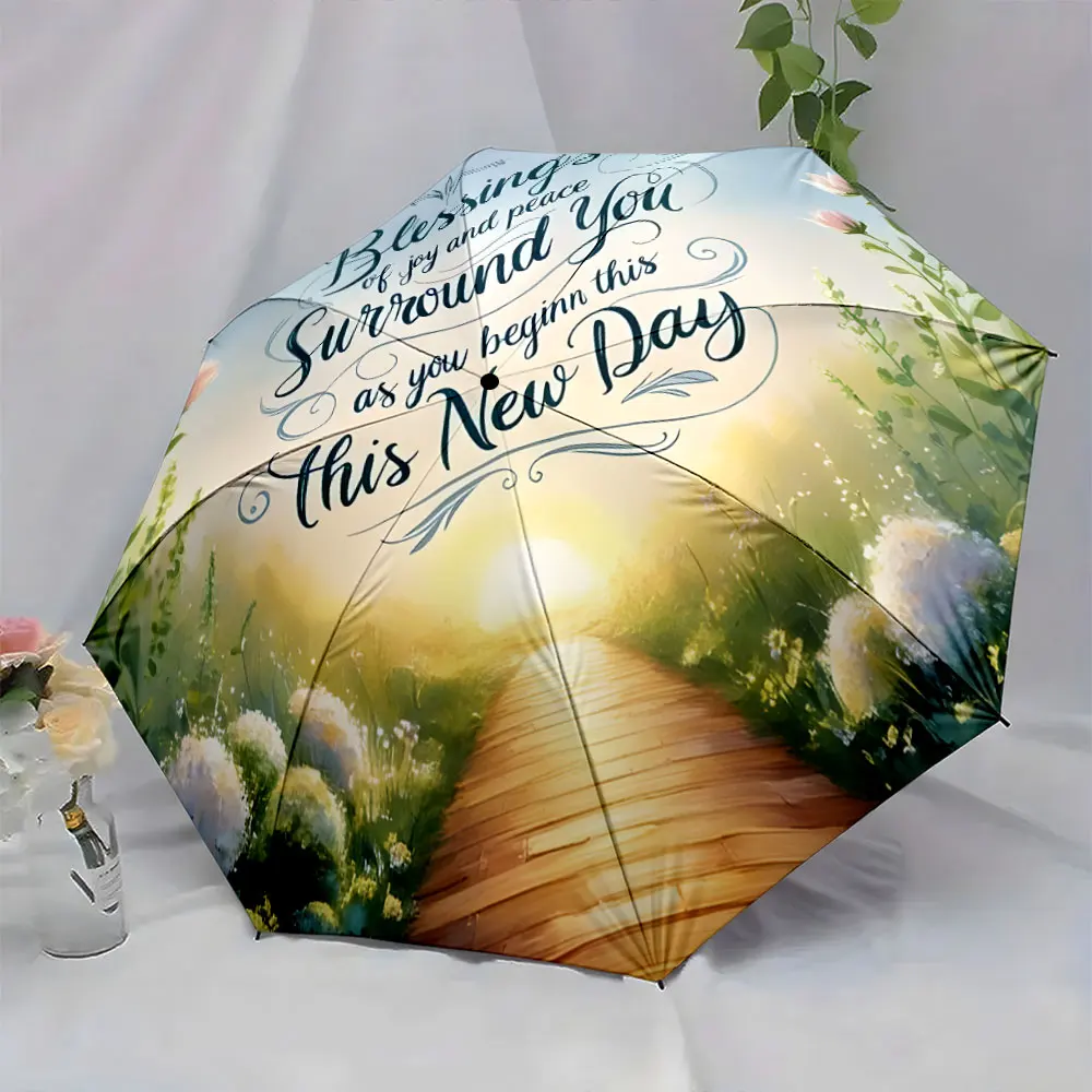 1PC Inspirational Umbrella for a New Day Print 8 Iron Ribs Folding Umbrella Auto-Open Fashion Sunshade