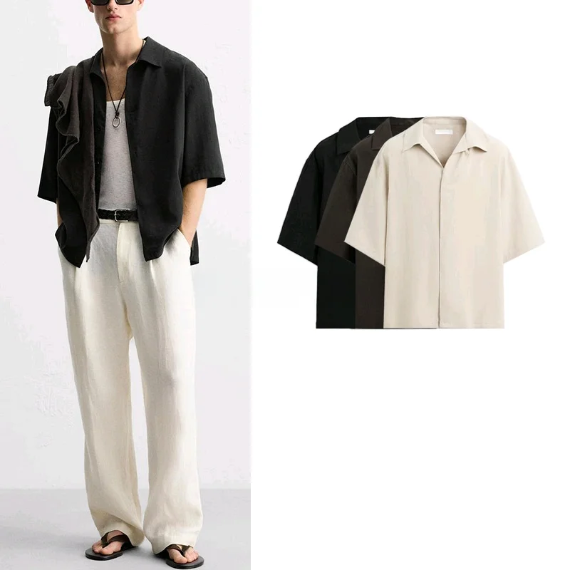 

Summer New Men's Loose Fit Mixed Fiber irt ort Sve Button down Polyester Fabric Casual Sle Faionable Trendy