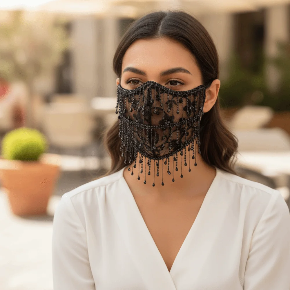 Elegant ademend bling gezichtsmasker met kwastjes, strass steentjes, mesh, zacht, stofdicht, dames sluiermasker, kostuum accessoire