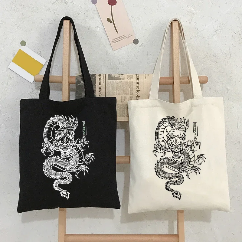 White Dragon Canvas Black Bag Shopper Bag Women Bags Classic Vintage Shoulder Bag Handbag Teacher Supplies Gift