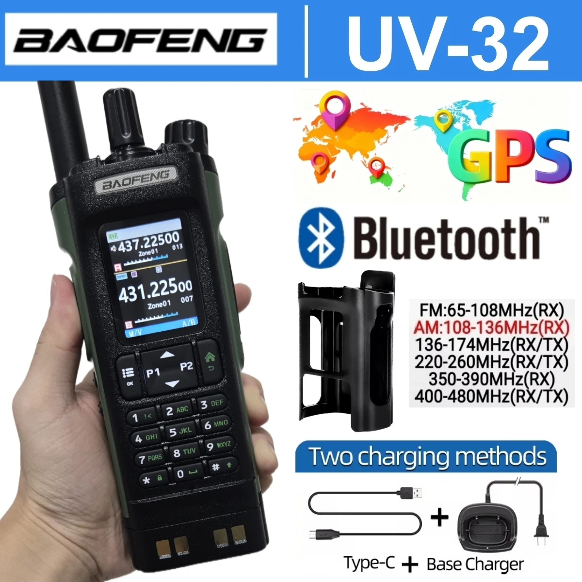 Baofeng Uv-32 نظام تحديد المواقع/Aprs طويلة المدى أجهزة اتصال لاسلكية مجموعة التخييم هام راديو بلوتوث البرمجة نوع-C شاحن ل Radtel
