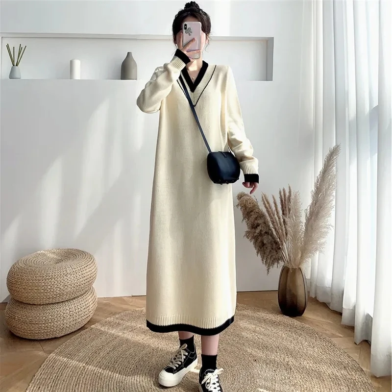 

2024 New Autumn Winter V-neck Knit Dress, For Women Clothing ,Spring Elegant Long Sweater Dress ,Female Jersey Dresses ,Vestidos