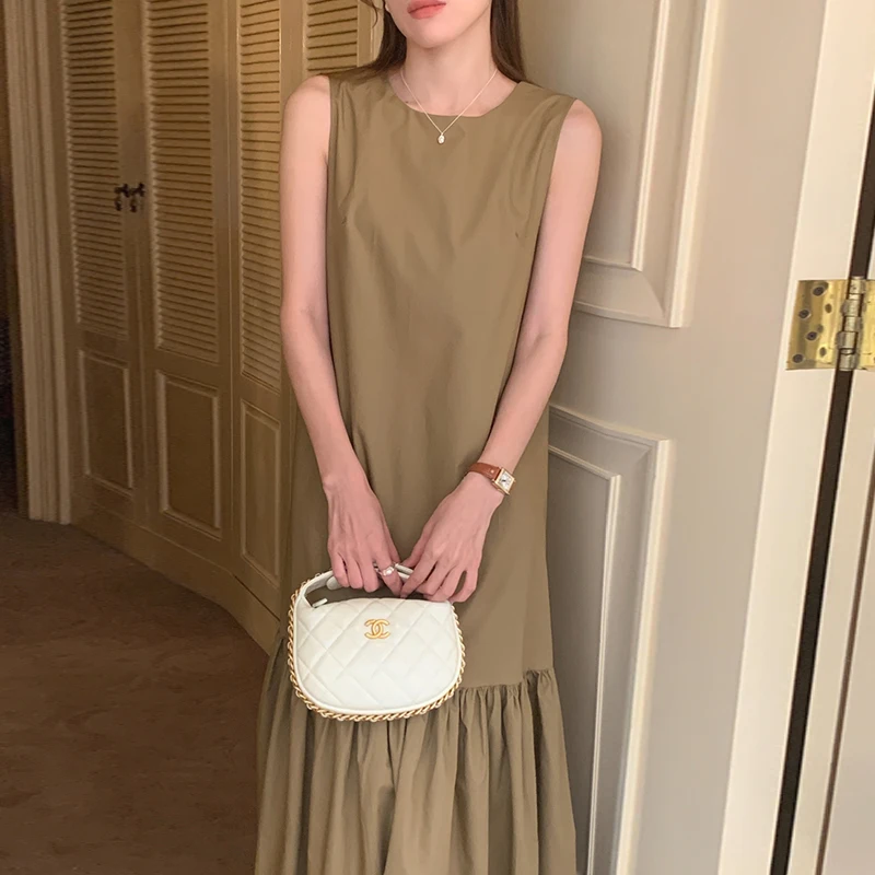 Nowe koreańskie eleganckie sukienki Vintage styl Hepburn sukienka bez rękawów kobiece letnie spódnice z falbanami Halter spódnica z zbiornikiem długa spódnica