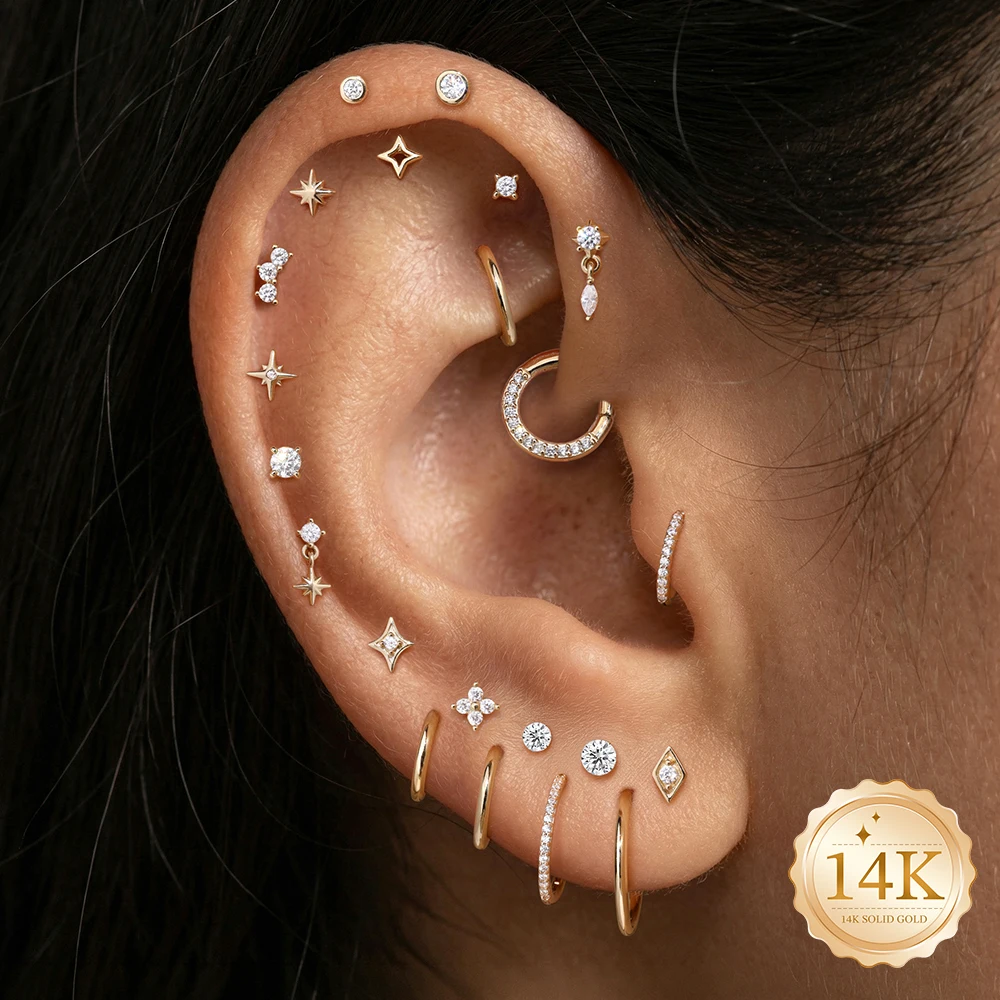 DIeSchein Women 14K Solid Gold Flat Back Earrings Star/Round Hypoallergenic Stud Earrings Gold for Piercing Cartilage Earring