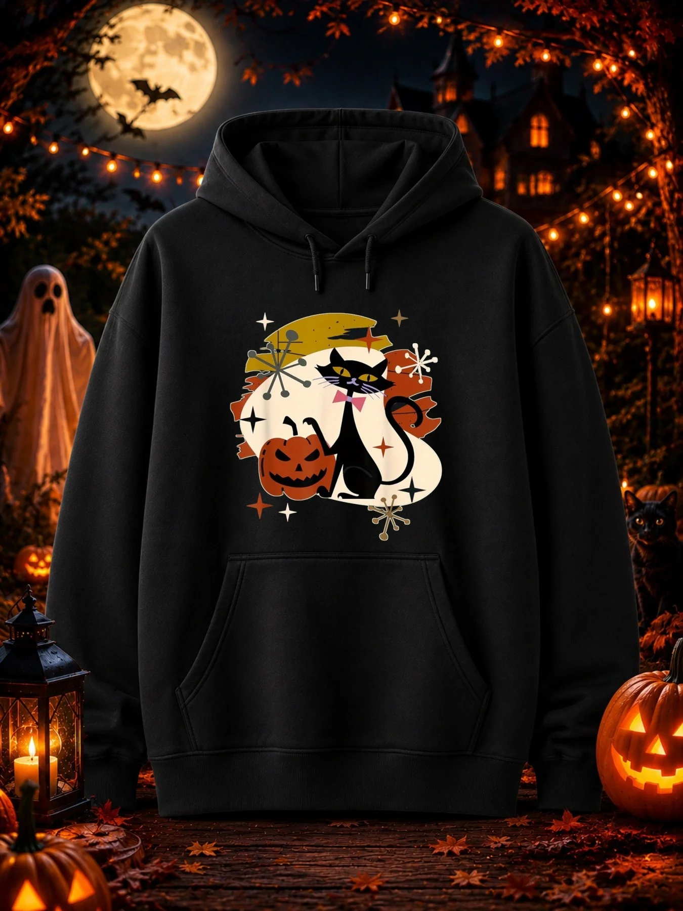 Men's Printed Hoodie: Vintage-Style Black Cat Wearing a Bow Tie Sitting Next to a Grinning Pumpkin Lantern, with a Warm-Toned Background Adorned with Stars and Crackle Patterns in a Medieval Atomic Age Style