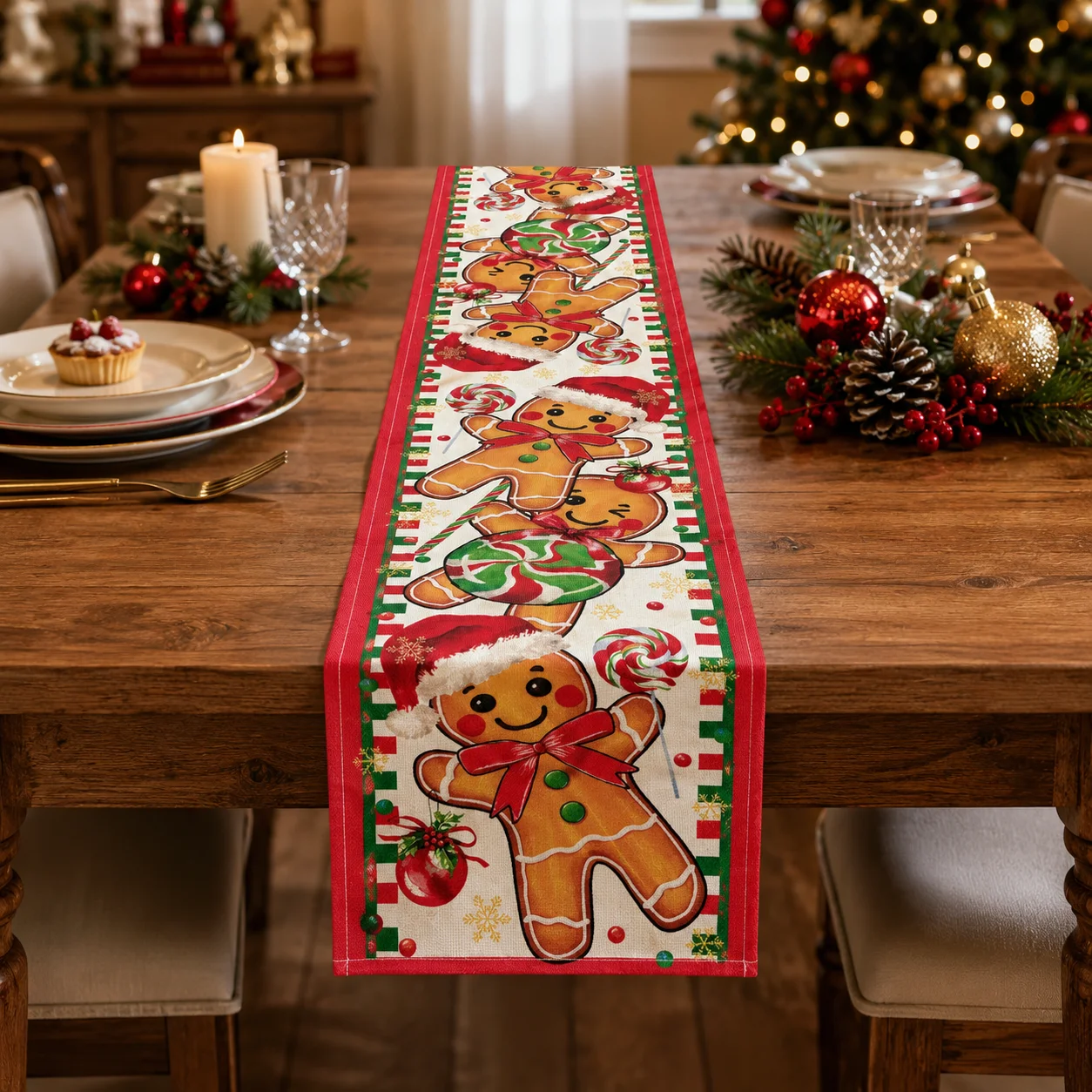 Christmas Table Runner Gingerbread Candy Cane Peppermint Xmas Holiday Dining Table Decor Kitchen Party Winter Home Decoration