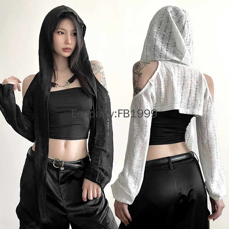 New Women Fashion Short Long Sleeve Hooded Cardigan Spring Summer White Black Hollow-Out Metal Buckle Cover-Ups Lady Y2K Outfits