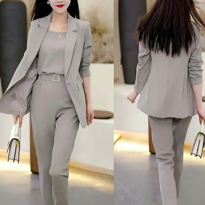 Fashion Suit Three Piece Set Women\'s Spring 2024 New Notched Long Sleeve Spliced Sequined Solid Work Wear High Waist Pants Sets