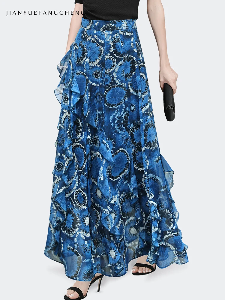 Long Skirt Womens Summer Blue Chiffon Floral Printed Skirts Floor-length High Waist A-line Flowing Ruffles Pleated Maxi Skirts