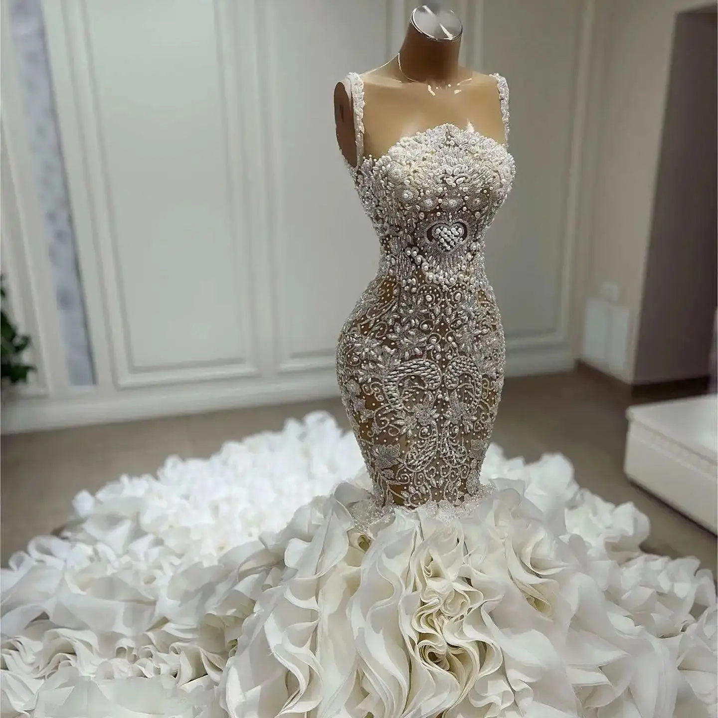 

Exquisite Mermaid Evening Dresses 3D-Flower Beading Pearl Lace Party Special Occasion Gown Sleeveless Bridal Gown Customized