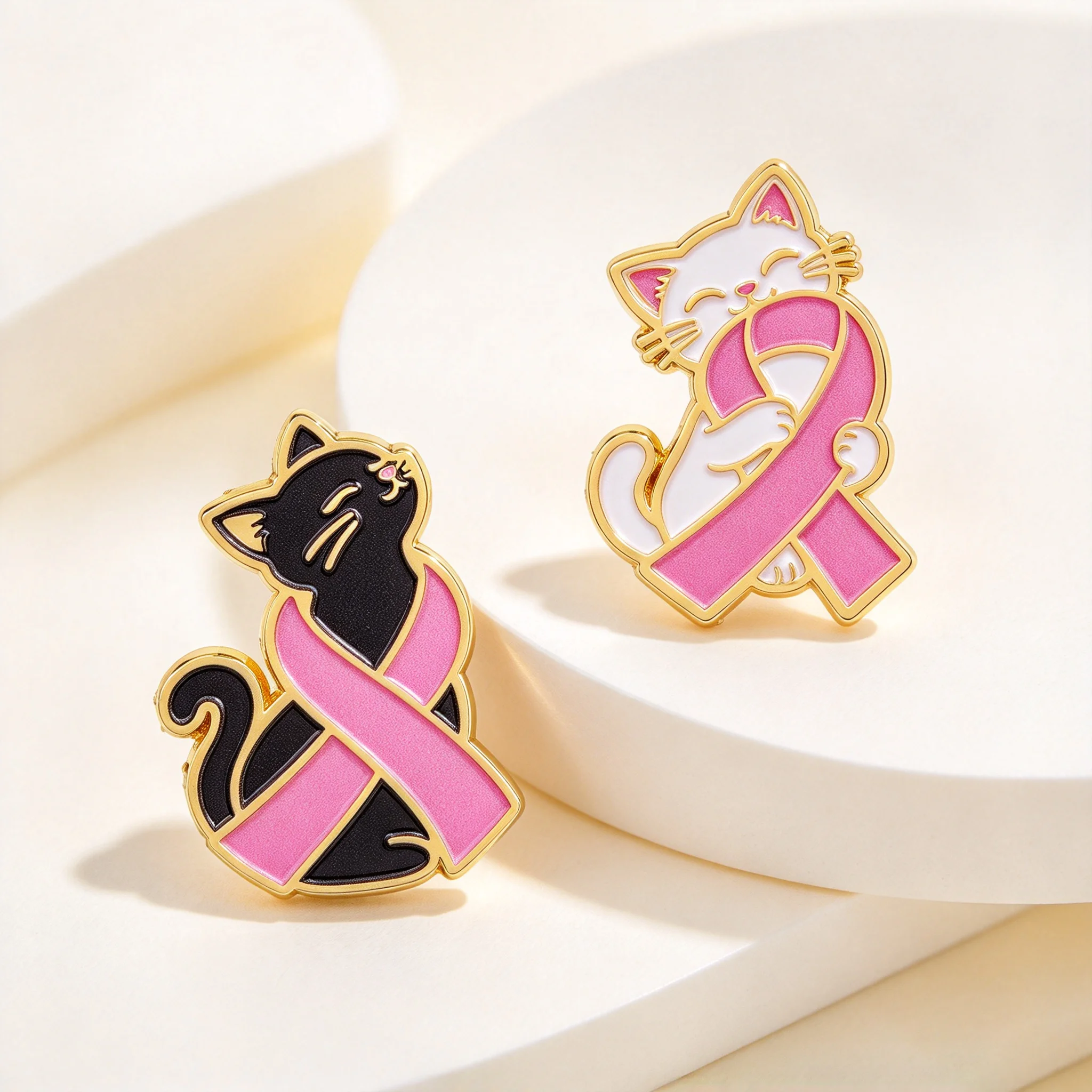 Breast Cancer Ribbon Cat Enamel Pins Cartoon Brooches Badges for Backpacks Collection Gifts Animal Jewelry Cosplay Accessories