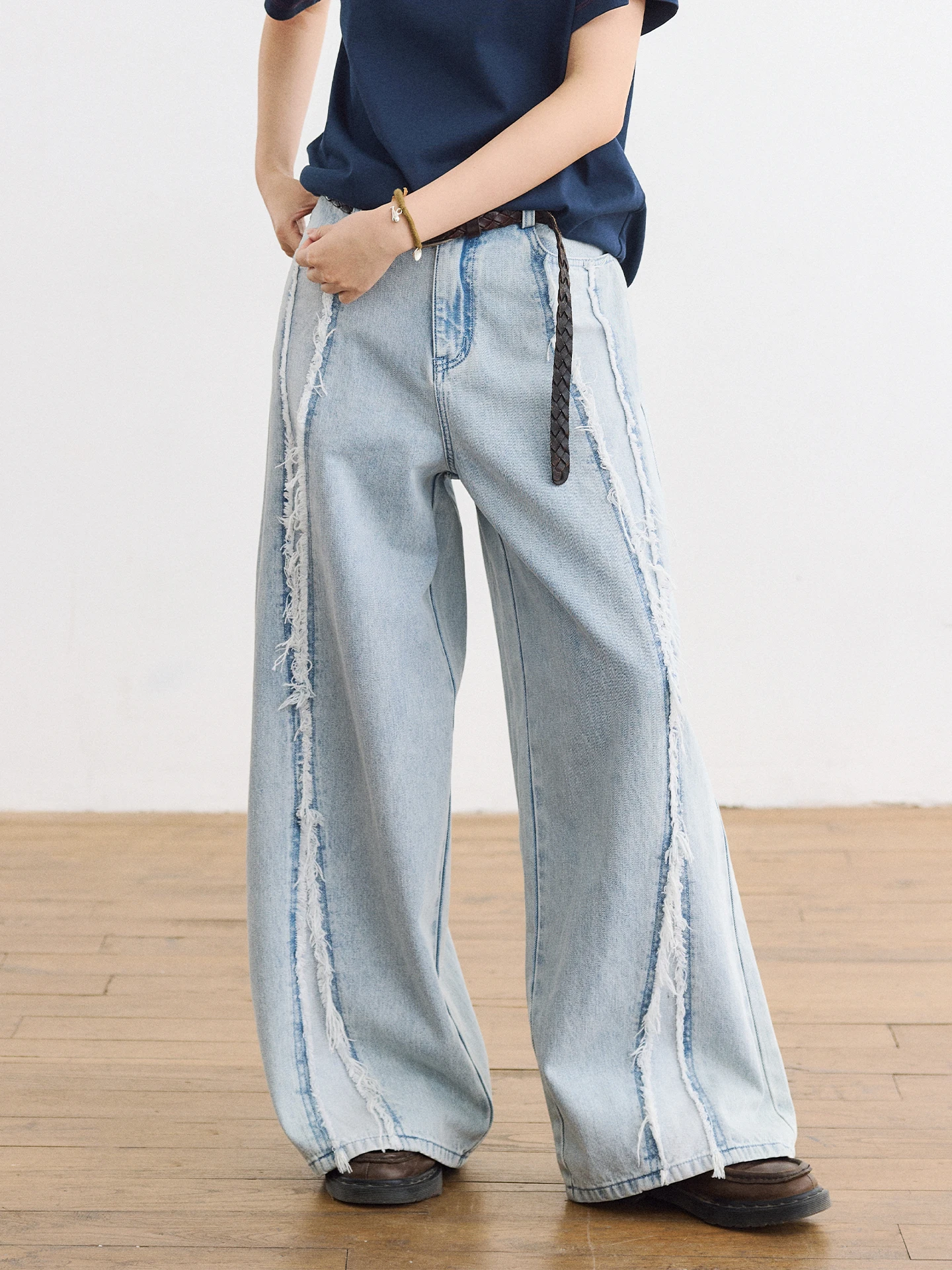 

Octopusme Spring 2026 Women's Vintage Cotton Patchwork Frayed Loose Wide Leg Jeans High Waist Straight Tube No Stretch