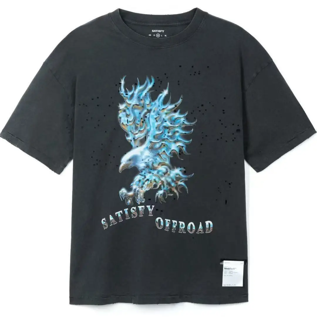 

Рваная футболка с коротким рукавом и принтом орла, винтажная, черная, приталенная, из хлопка, быстросохнущая, с круглым вырезом, весна 2026, модная