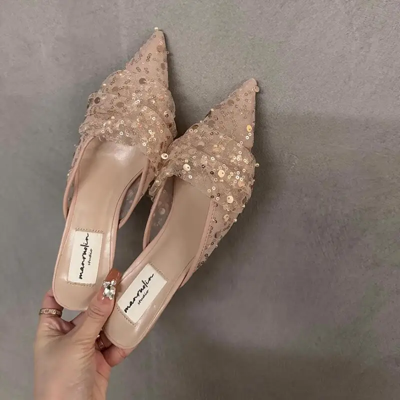 Fashion Lace Bling Pointed Toe Mules Slipper Women 2024 New Elegant Party Ventilate Thin High Heel Shoes Female Dress Sandals