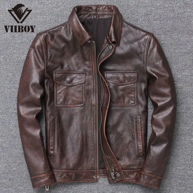 New lapel locomotive leather jacket men's short retro leather jacket