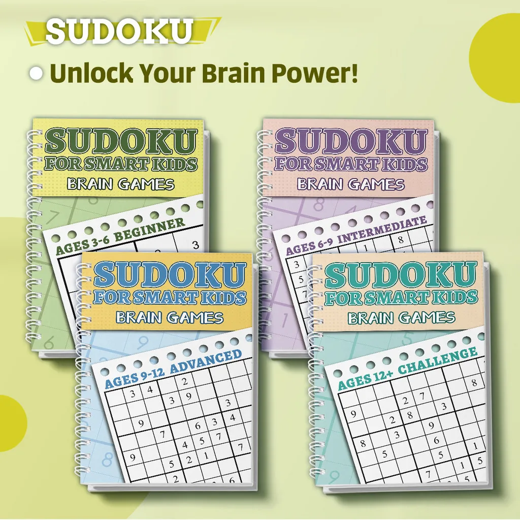 Kids Sudoku Puzzle Book Set, Brain Games for Smart Kids Ages 3-12+, Logic Training and Number Puzzle Activity Books
